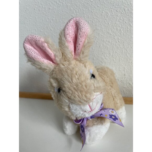 HugFun Tan Easter Bunny Rabbit Plush 7" Purple Bow Pink Glitter Ears - Picture 4 of 8